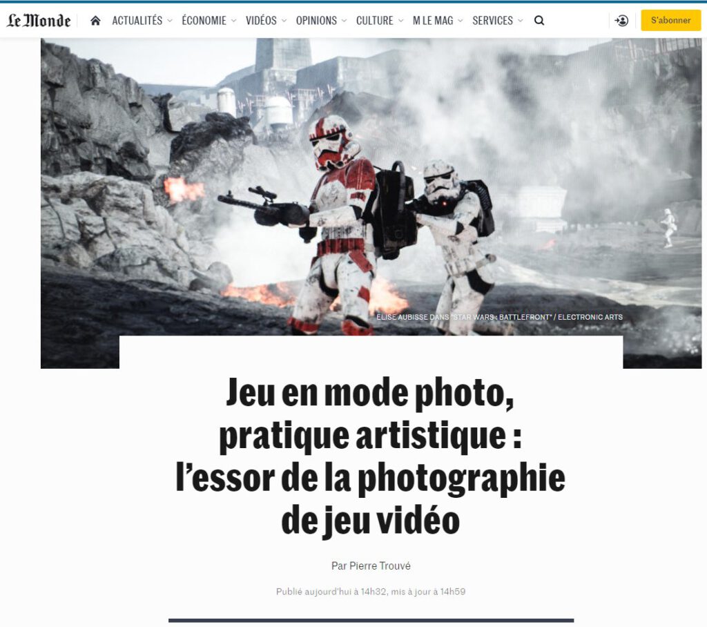 In-game photography is picked up by the French major news outlet Le Monde.fr. A couple of days ago, I have had the pleasure to speak about in-game photography with Pierre Trouvé,  He is a journalist from His article gives a nice overview of the width of the topic. It introduces a number of interesting artists such as Elise Aubisse, Megan Reims, Joshua Woodyatt, and Petri Levälahti. 