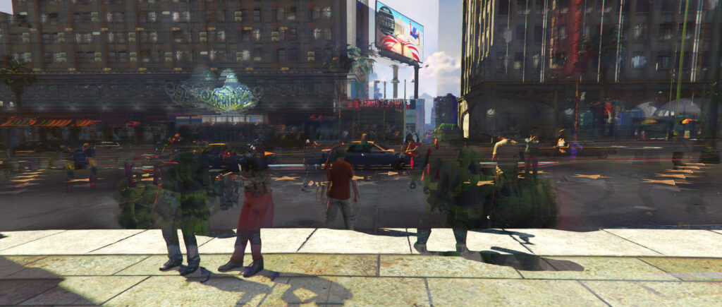 "Indifferent Universe" (Pia Zdila 2020). The image reflects the temporality of the real-time game world of Grand Theft Auto V (2013) by adopting Claire Hentschker’s method of working with image averaging, a technique where a number of images are virtually stacked. Only those elements of the image stack remain visible which appear in most images. With this method, it is possible to show the processuality and temporality of the game world in one image.