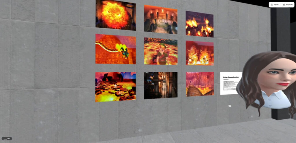 Auf dem Bild sieht man eine Bilderwand mit verschiedenen Screenshots die unterschiedliche Darstellungsweisen von Feuer in verschiedenen Computerspielen zeigen.