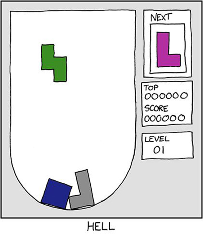 Tetris parody "Hell" by xkcd showing the game Tetris with a rounded lower game space limit