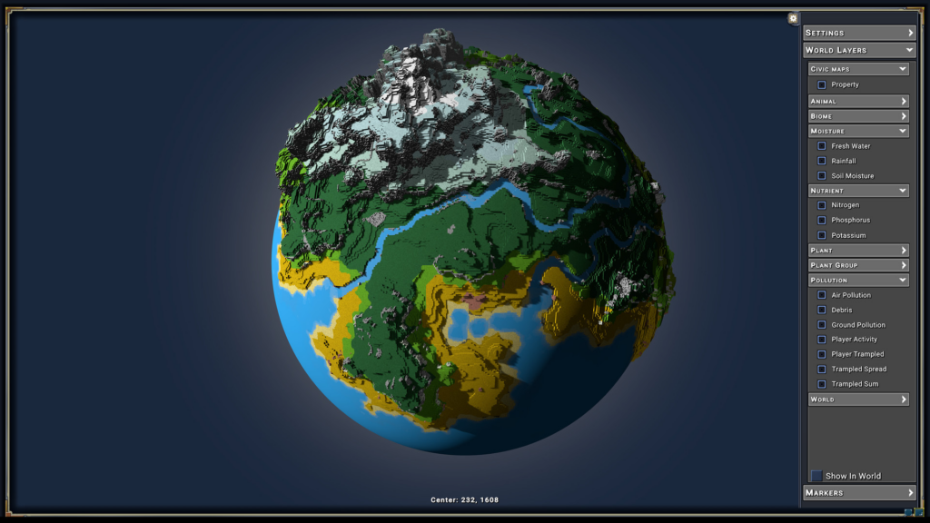 A statistical view of an Earth-like planet showing different geological layers and pollution statistics from the game Eco by Strangeloop Games (2018)