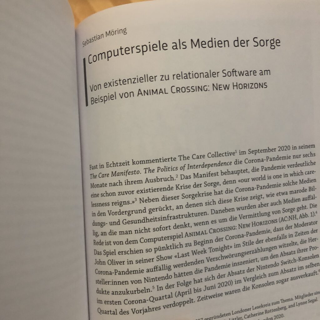 The image shows the first page of the academic article "Computer Games as Media of Care" which appeared in NOvember 2022 in the special issue of the German scientific journal "Augenblick. Konstanzer Hefte zur Medienwissenschaft". The special issue's title is "Automatisierte Zuwendung. Affektive/Sensible/Fürsorgende Medien". 