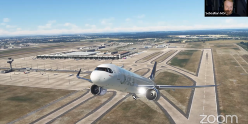 Screenshot from the ScreenWalks stream. A320 neo from the front left while taking off from Berlin Brandenburg Airport