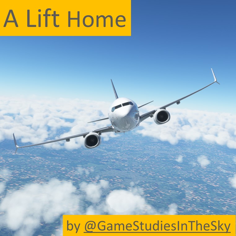 Profile Pic of the channel @GameStudiesInTheSky showing a Boeing 737-700 from the front center, leaning slightly to the left as if flying a curve. The background shows a blue sky, a few scattered clouds and a central European ground. The pic also contains a text advertising the channel's format "A Lift Home"