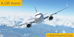 Profile Pic of the channel @GameStudiesInTheSky showing a Boeing 737-700 from the front center, leaning slightly to the left as if flying a curve. The background shows a blue sky, a few scattered clouds and a central European ground. The pic also contains a text advertising the channel's format "A Lift Home"