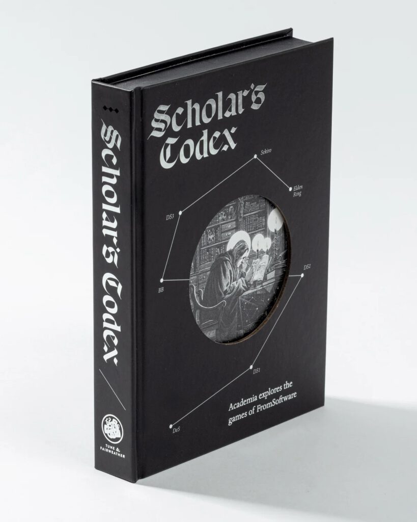 Black hardcover book titled 'Scholar's Codex' by Tune & Fairweather, photographed at an angle against a light gray background. The cover features a constellation-style diagram connecting points labeled Sekiro, Elden Ring, DS2, DS1, DeS, BB, and DS3, surrounding a circular engraving of a robed scholar reading by candlelight in a library. The subtitle reads 'Academia explores the games of FromSoftware'.